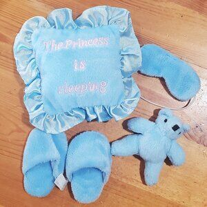 American Girl Type Lt. Blue Princess is Sleeping Pillow Slippers Bear Eye Mask